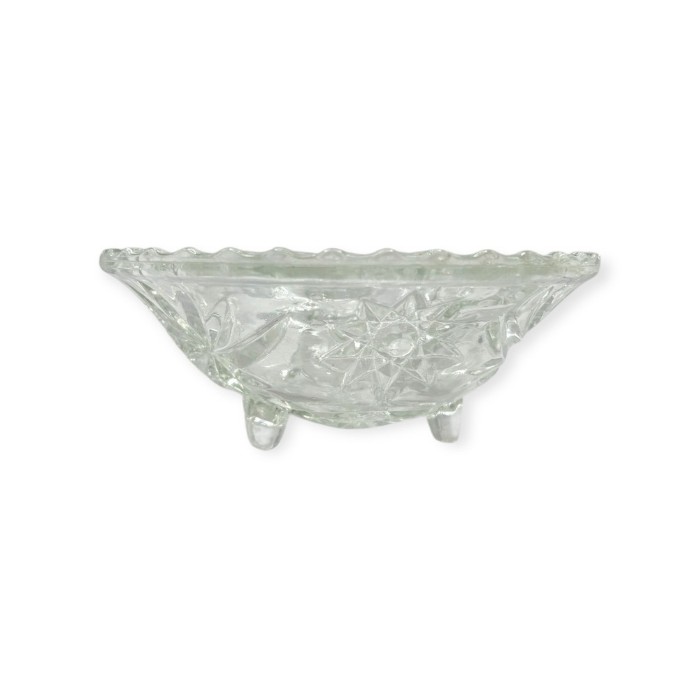Vintage Anchor Hocking Glass Footed Bonbon Bowl Prescut Clear Scalloped Decor